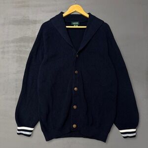 Orvis Cardigan Sweater Navy Blue Shawl Collar Ribbed Knit Striped Cuff XL